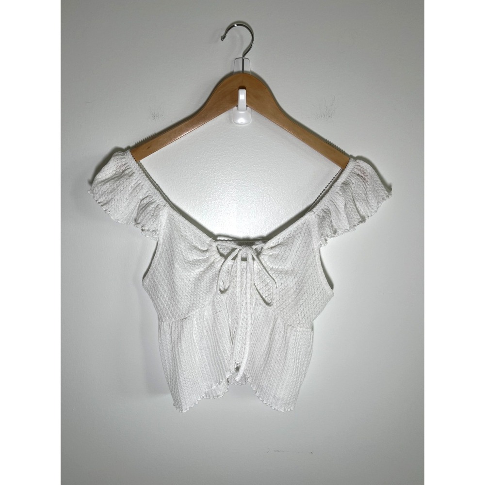 Babydoll Y2K‎ Fairy Boho Cottage Womens XS Top White Flutter Sleeve Bow Vacation